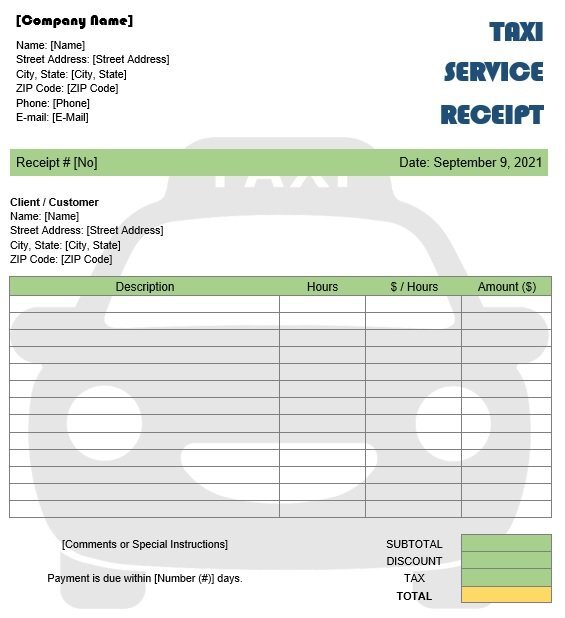 taxi service receipt template