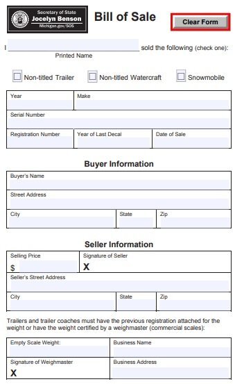 Michigan vehicle bill of sale form TR 207