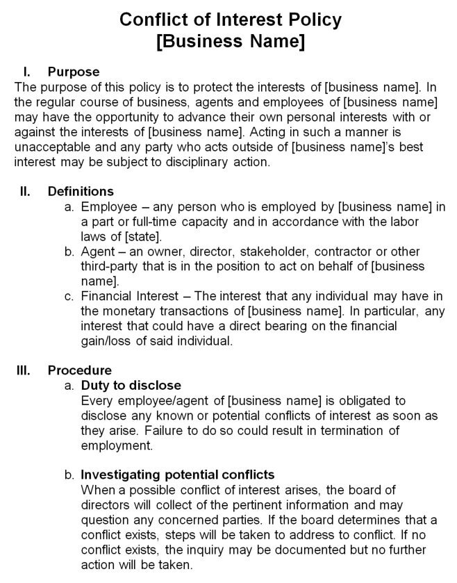 employee conflict of interest policy template