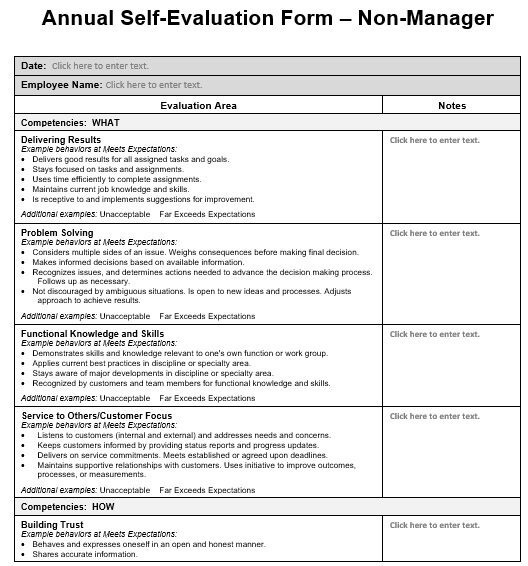 annual self evaluation form non manager