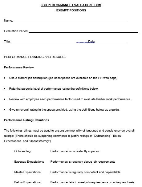 job performance evaluation form for exempt positions