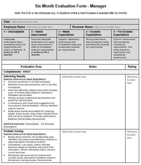 six month evaluation form for manager