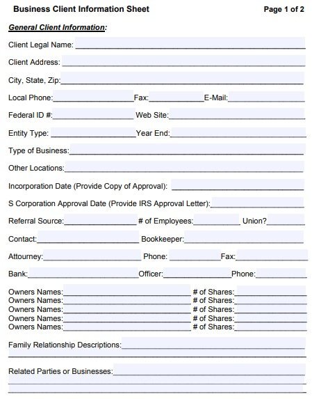 business client information sheet template pdf