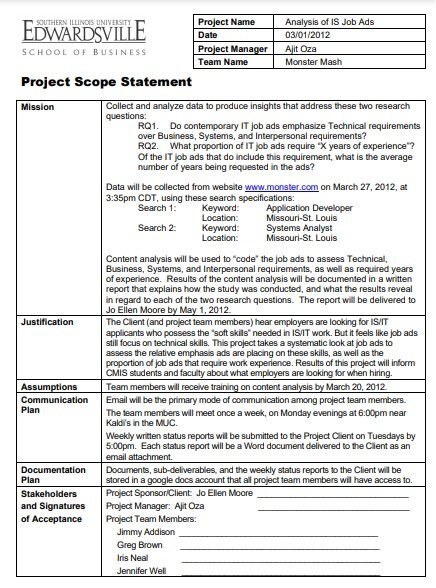 business project scope statement template