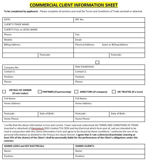 commercial client information sheet