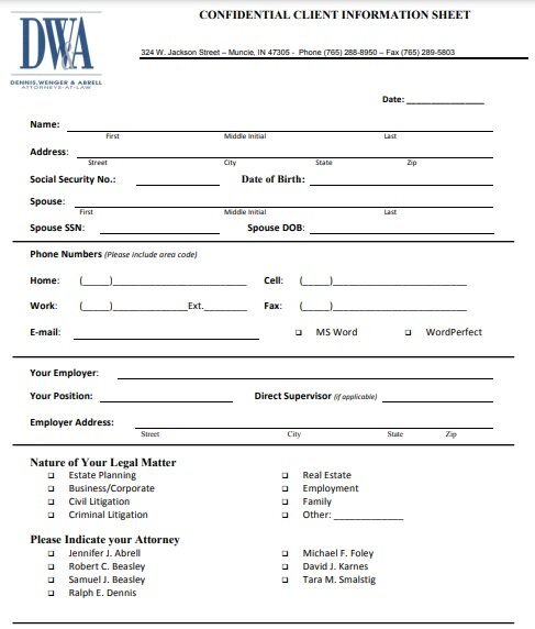 confidential client information sheet