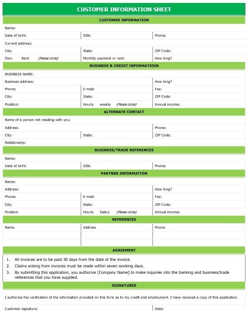 customer information sheet