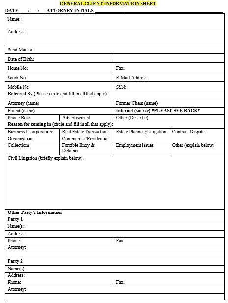 free client information sheet template