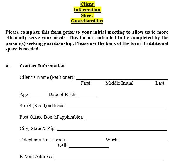 guardianship client information sheet
