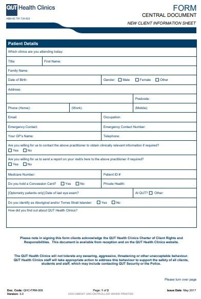 new clinic client information sheet
