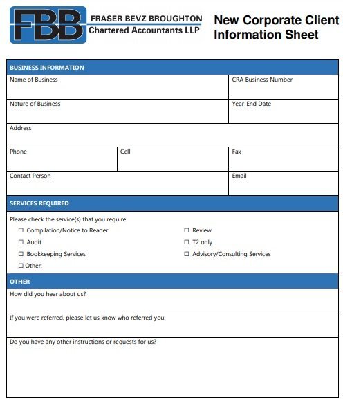 new corporate client information sheet