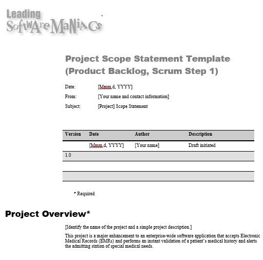 project scope statement template for product backlog
