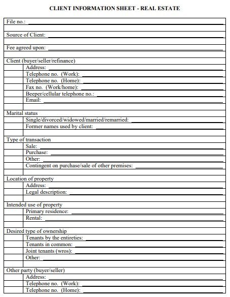 real estate client information sheet template
