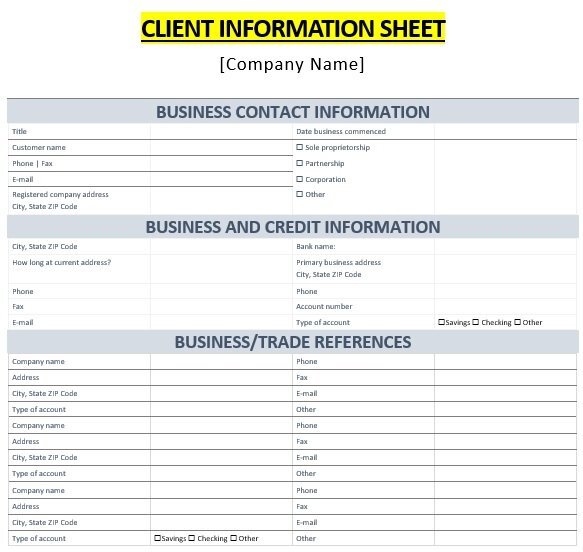 simple client information sheet