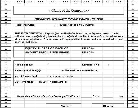 stock certificate template excel