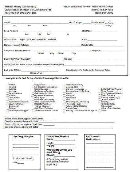 MSSU medical history form