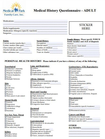 adult health history questionnaire form