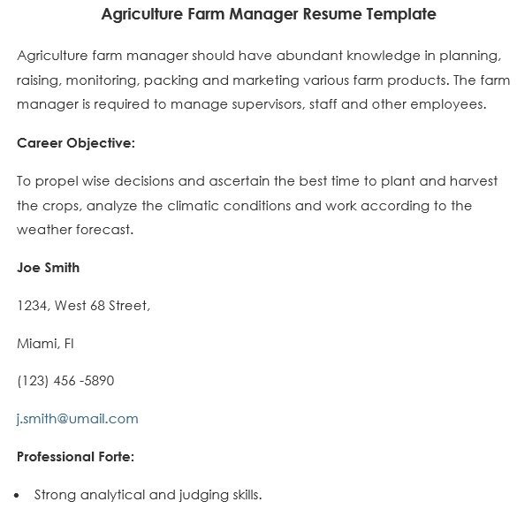 agriculture farm manager resume template
