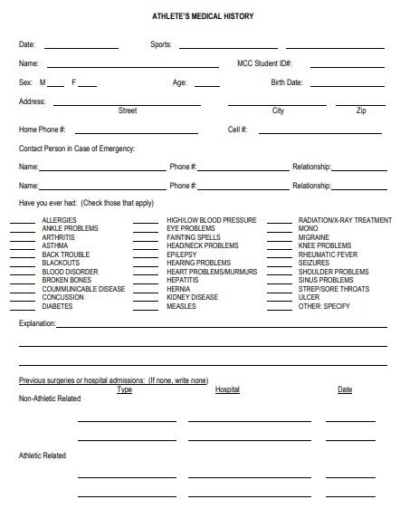 athlete medical history form