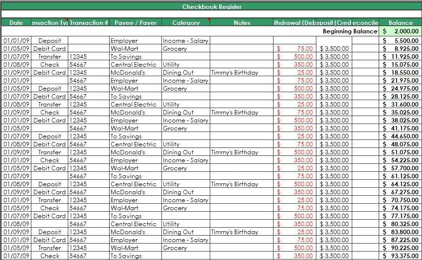 checkbook register excel template