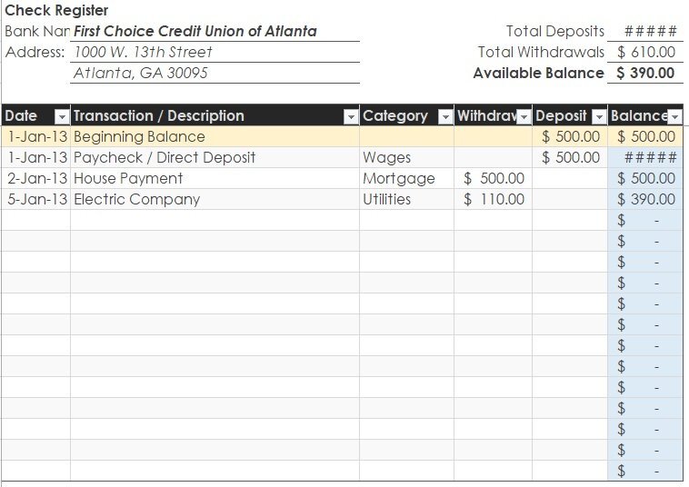 checkbook register spreadsheet