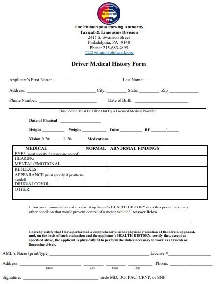 driver medical history form