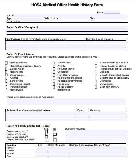 hosa medical office health history form