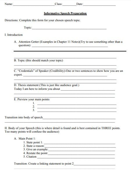 informative speech preparation outline template