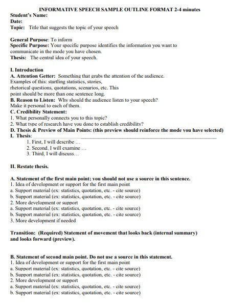 informative speech sample outline format 2 4 minutes