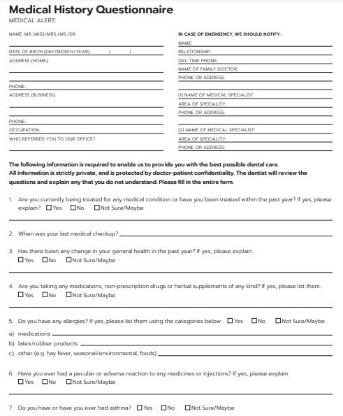 medical history questionnaire form