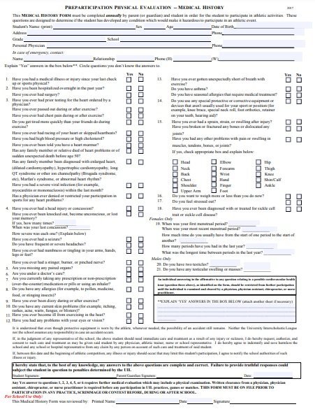 participation physical evaluation medical history form
