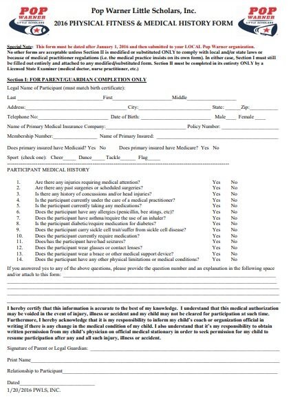 physical fitness medical history form