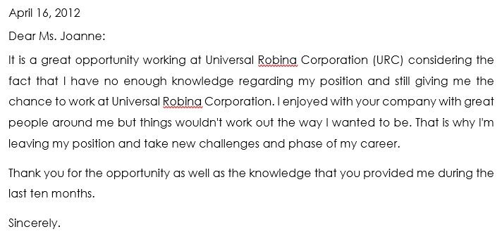 resignation letter sample for personal reasons