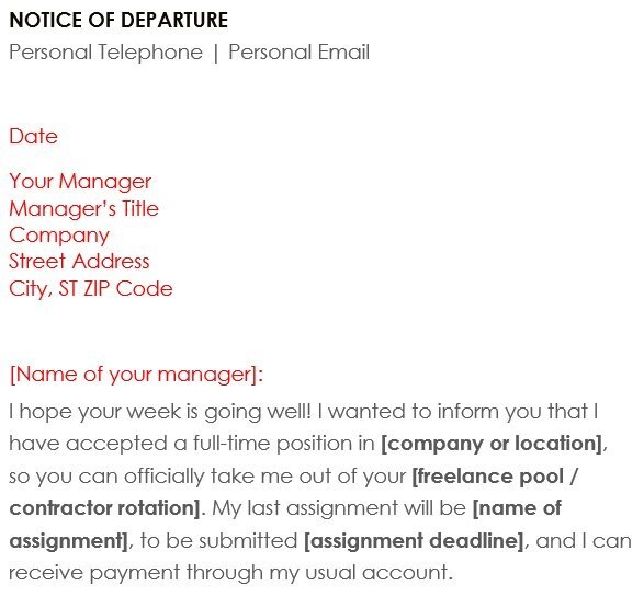 resignation notice of departure sample