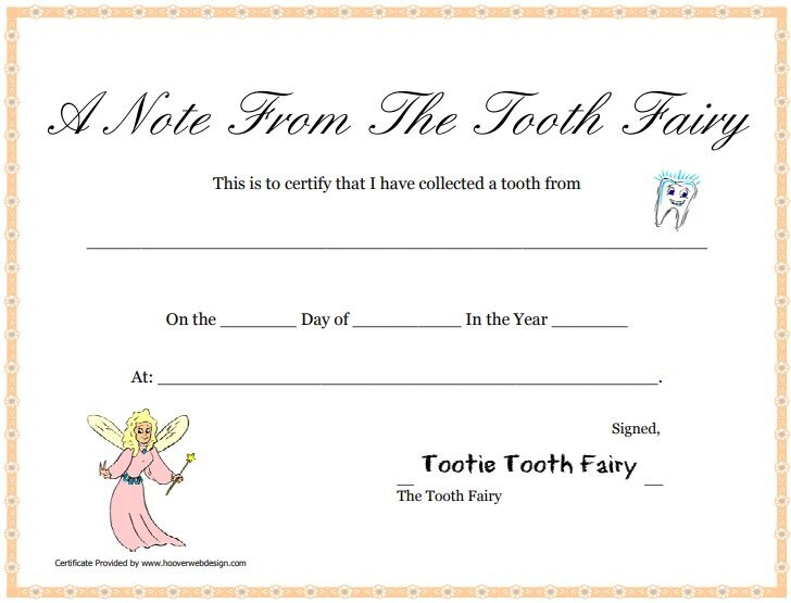 tooth fairy certificate peach template