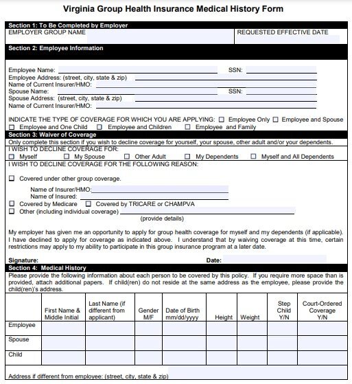 virginia group health insurance medical history form