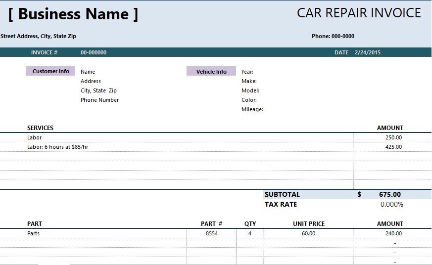 auto repair invoice spreadsheet