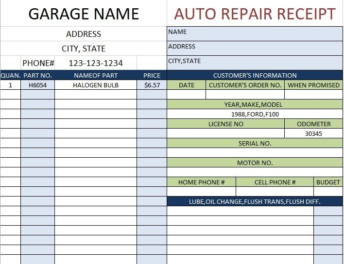 auto repair receipt template