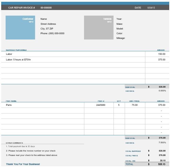 car repair invoice template