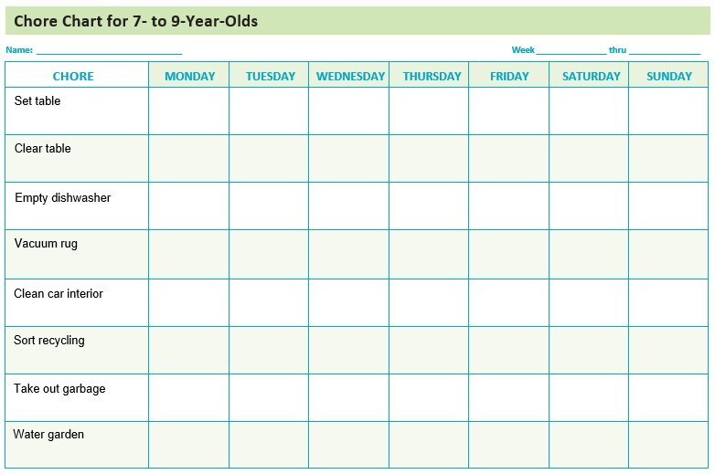 chore chart for 7 to 9 year olds