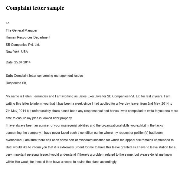 complaint letter concerning management issues