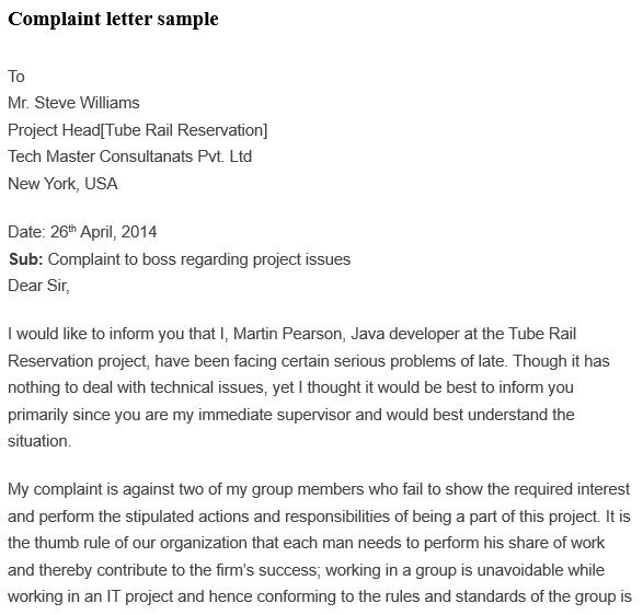 complaint to boss regarding project issues