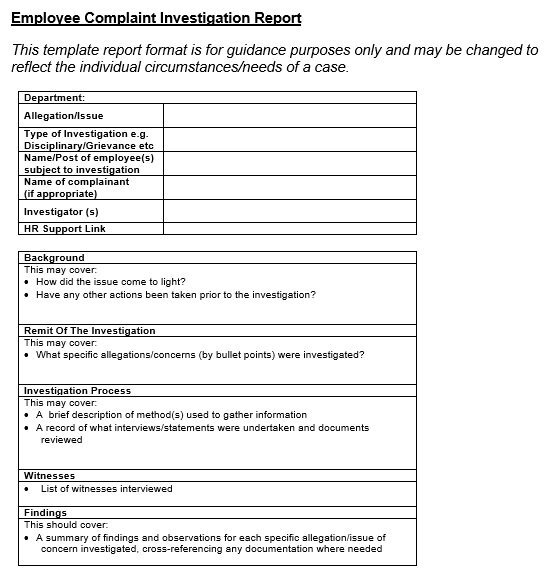 employee complaint investigation report template