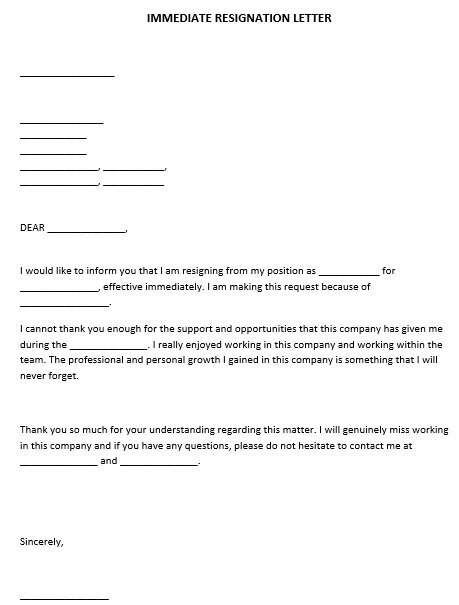 fillable immediate resignation letter