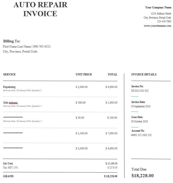 free auto repair invoice template 1