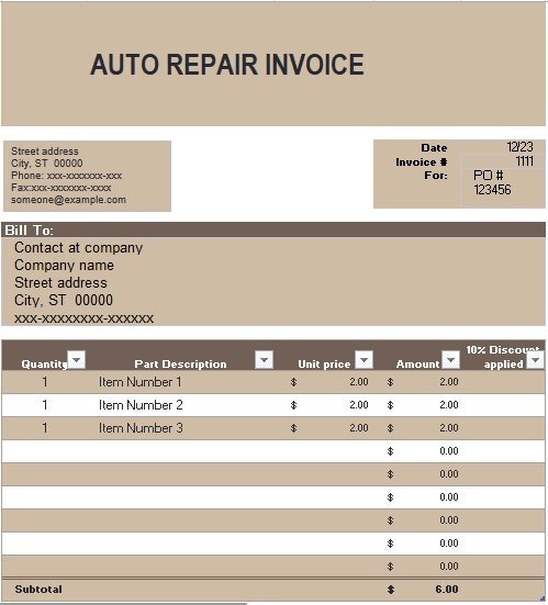 free auto repair invoice template 6