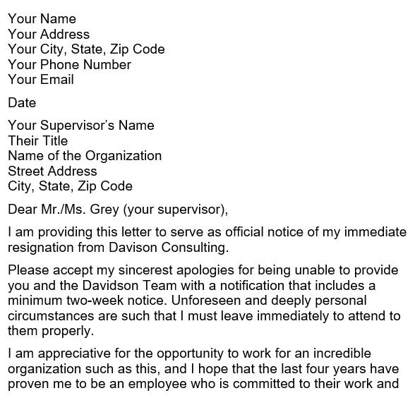 free immediate resignation letter