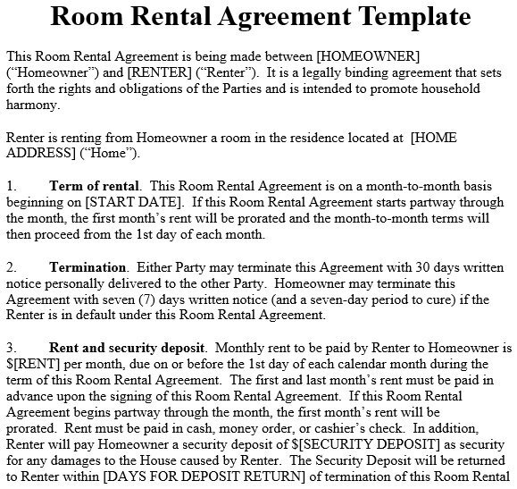 free room rental agreement template