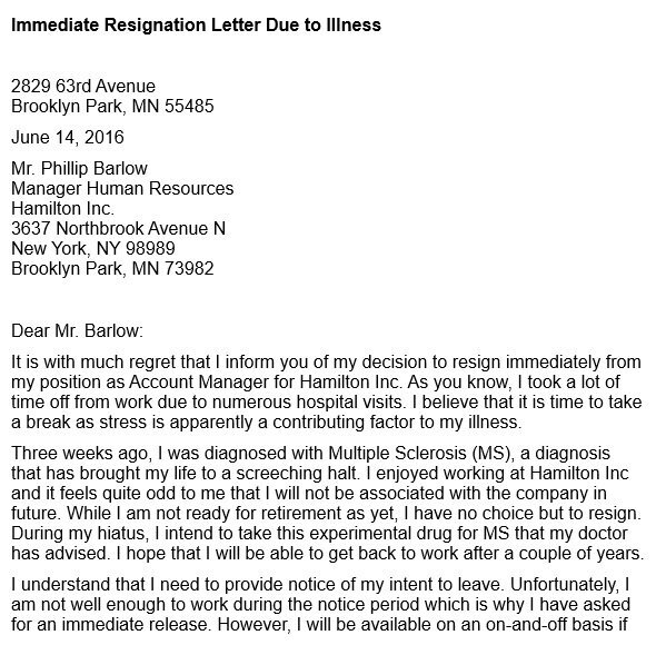 immediate resignation letter due to illness
