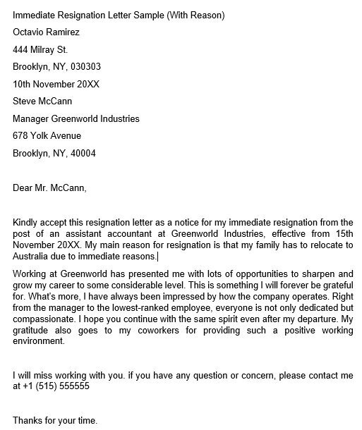 immediate resignation letter sample with reason
